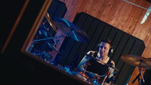 Modern Rhythm and Music Portrait of Inspired Drummer Striking Drums and Cymbals Professional