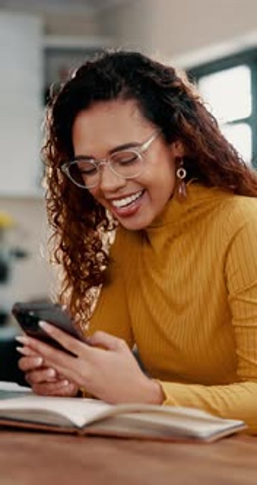 Student, girl and laughing with phone in home for study break, college meme