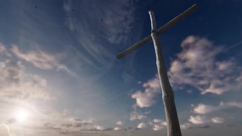 Wooden Cross Animation with Time-lapse Clouds and Birds