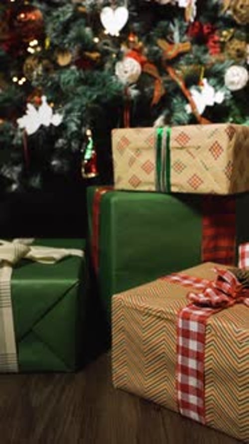 Vertical of Christmas Tree with Beautiful Gift Boxes