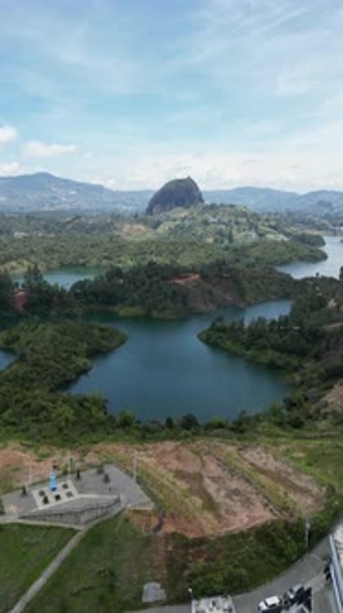Aerial drone footage of El Penon de Guatape near Medellin in Antioquia, Colombia