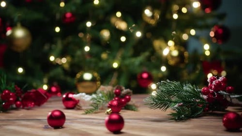 Christmas Ornaments and Lights on Wooden Table