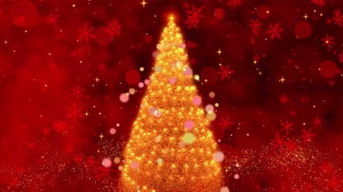 Glowing Christmas Tree Particle Animation on Festive Red Background