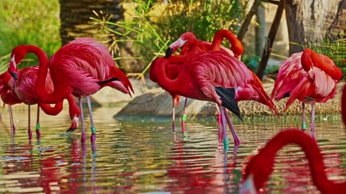 Beautiful Flamingos of Bright Red Color Standing Side By Side on a Pond