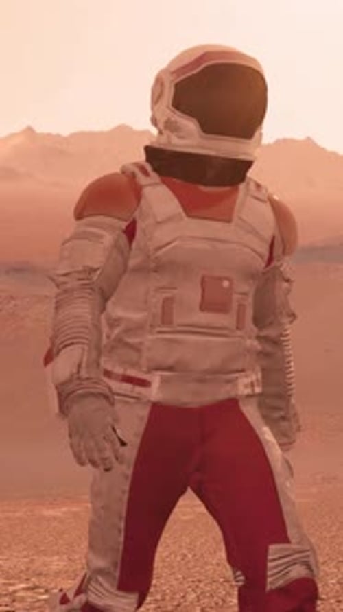 Astronaut in white space suit walking on Mars red desert landscape.