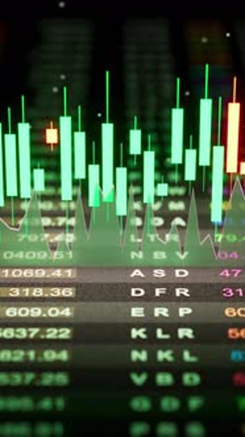 Seamless 3D loop of bright candlestick graphs and stock indicators.