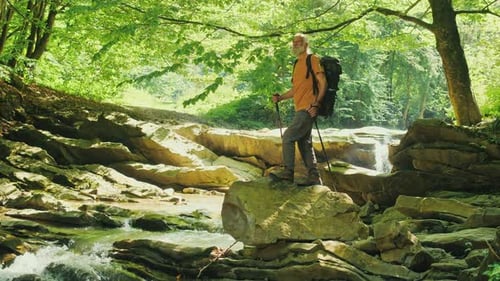 Senior Male Hiker with Backpack and Walking Poles Standing on a Large Rock
