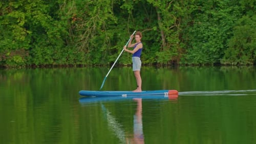 Stand Up Paddle Boarding Sup Board Journey Young Woman Relaxing on Sup Surf Swimming Watersport