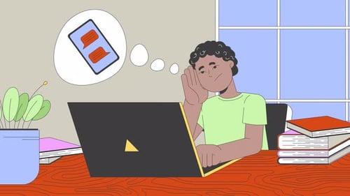 Black schoolboy dreaming bored by homework cartoon animation