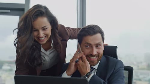 Business Partners Giving Five Celebrating Professional Success Laughing Close Up