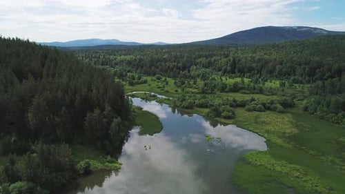 Aerial View of a Summer Forest and Curvy River Beautiful Wild Nature Landscape Sky Reflections on
