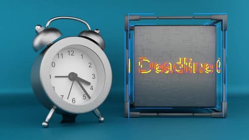 Deadline concept. Rotation of the hands on the clock face. Deadline inscription on a futuristic cube