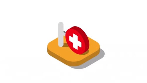 Isometric Map Pin with Medical Cross Icon Animation