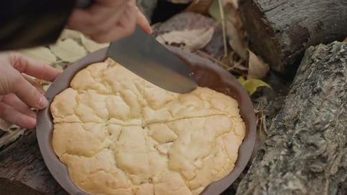 Rustic Outdoor Baking Autumn Wilderness Setting with Warm Homemade Pie Enjoying Rustic Outdoor Feast