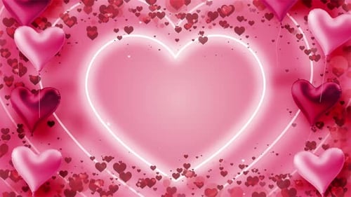 Romantic Neon Heart Frame with Flying Balloons Background