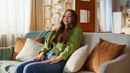 Tired Woman Falling Couch Touching Head at Modern Living Room Exhausted Girl