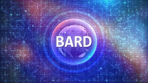 Bard Text on Futuristic Cyberspace Background. 3D Grid and Binary Numbers