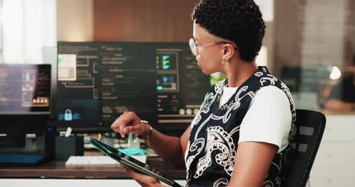 Coding, tablet or woman with computer screen in office, framework script