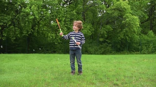 A Happy Boy in a Striped Shirt Creates Large Colorful Bubbles with a Bubble Wand in a Green Park The