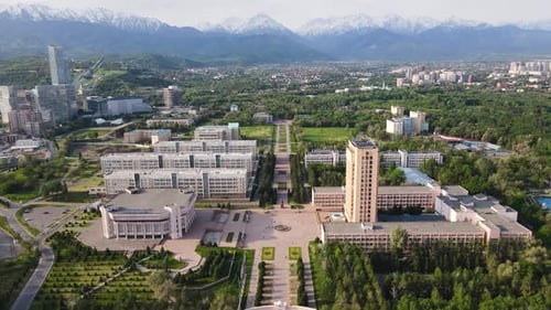 Aerial View Panorama of River and Cityscape in Almaty