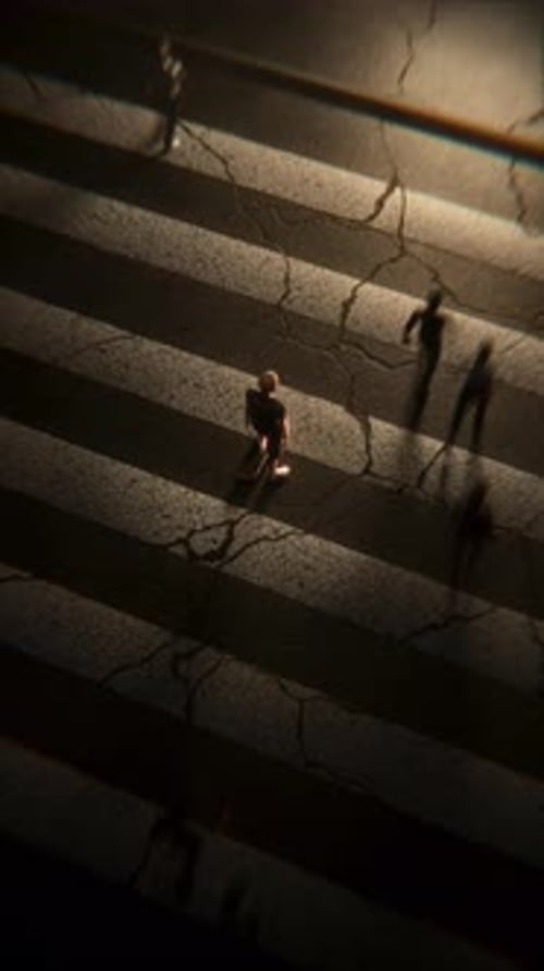 Surreal Vertical Animation with Moving Shadow Figures