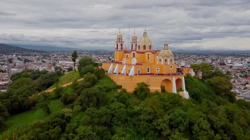 Church Cholula Puebla Mexico Night iglesia Santuario de la Virgen de los Remedios on Pyramid drone V