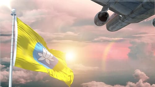 Drapeau de Kalmoukie agitant de façon réaliste avec un avion volant qui décolle au lever du soleil