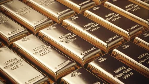 Shining Gold Bullion Bars Stacked in a Bank Vault