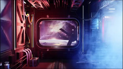 3D Futuristic Space Corridor With A View Of Moon And Communications Satellite