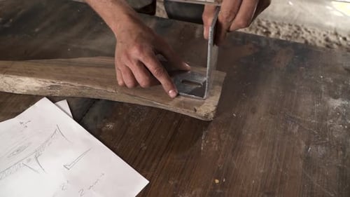 Person Marking Wood With Metal Bracket Close Up