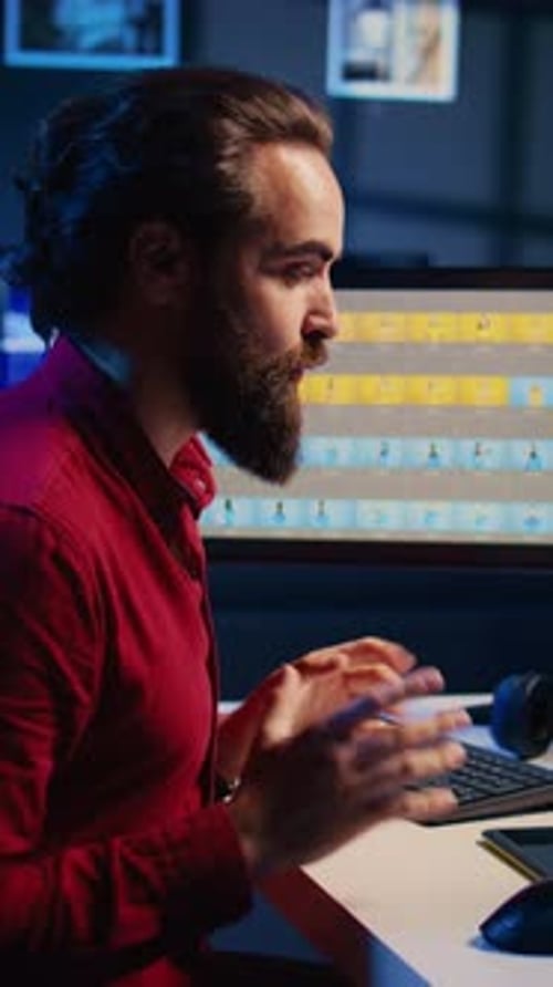 Man Editing Video at Computer Workstation