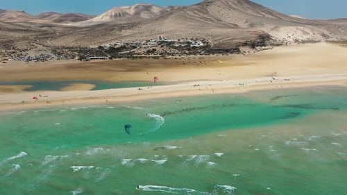 Sotavento Beach, Fuerteventura: Drone Views of Unique Landscapes and Water Sports Enthusiasts