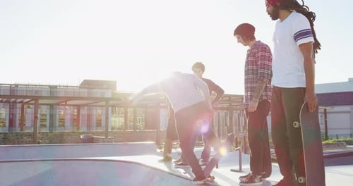 Friends, park ramp and men with skateboard for exercise, practice and hobby activity for fitness