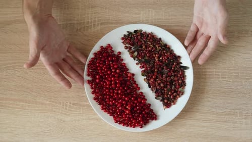 Des airelles rouges triées reposent sur une grande assiette blanche, vue du dessus