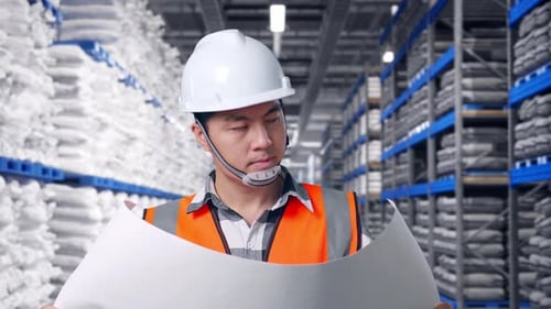 Primer plano de un ingeniero asiático mirando el plano en sus manos en un almacén