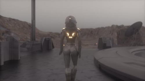 Astronaut in Spacesuit Walk Toward Research Station Colony or Scientific Base on Mars Space Mission