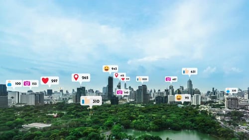 Social Media Icons Fly Over City Downtown Showing People Reciprocity Connection