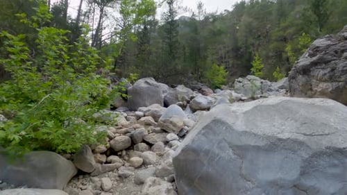 Images aériennes du ruisseau dans le canyon avec de nombreux rochers énormes Turquie