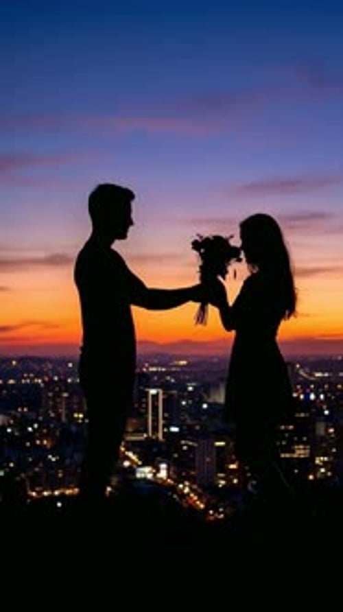 A Man Gives Flowers To A Woman Against The Backdrop Of An Evening City
