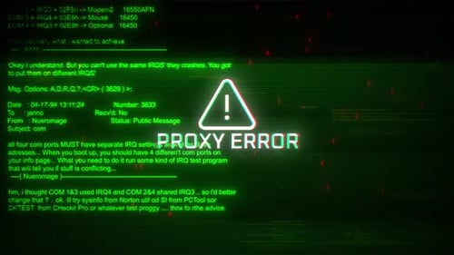 Proxyfehler, Warnungen, Bildschirmbewegung auf abstraktem Technologie-Hintergrund, grüne Farbe