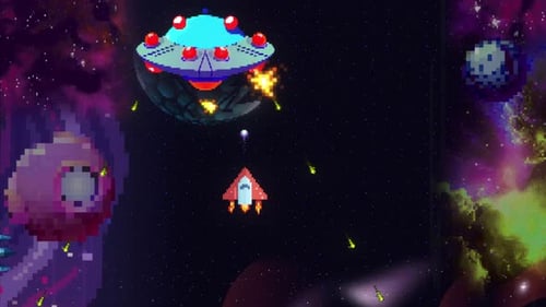 Space-themed retro style arcade fake gameplay: final boss fight and loss, game over.