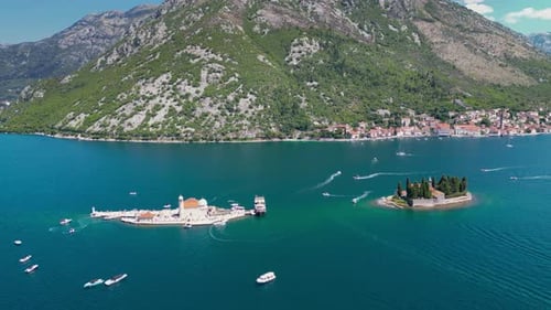 Sveti Dorde Island, Montenegro, aerial view. Church of Our Lady of Škrpjela and Saint George Monaste
