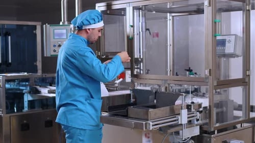 L'opérateur supervise l'équipement pharmaceutique automatisé sur une chaîne de fabrication moderne