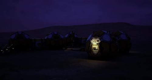 Exploration Base on Mars Under a Night Sky with Illuminated Habitat Modules