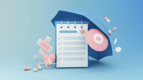 3D Health Insurance Concept with Medical Icons Animation