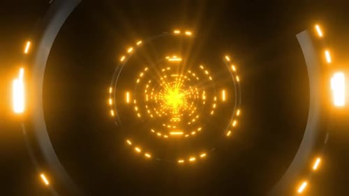 Dynamic orange light tunnel with glowing particles and lens flares