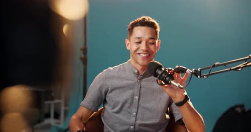 Social media, microphone and content creator with man and tablet for live streaming