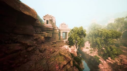 Puzzlelike Ancient Shrine on Riverbank Covered with Moss and Plants
