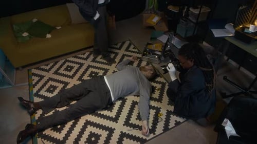 Diverse Team of Professional Detectives Working at Murder Scene in Office