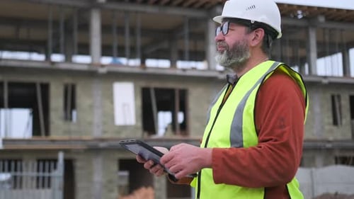 Construction Worker Uses Tablet at Building Site